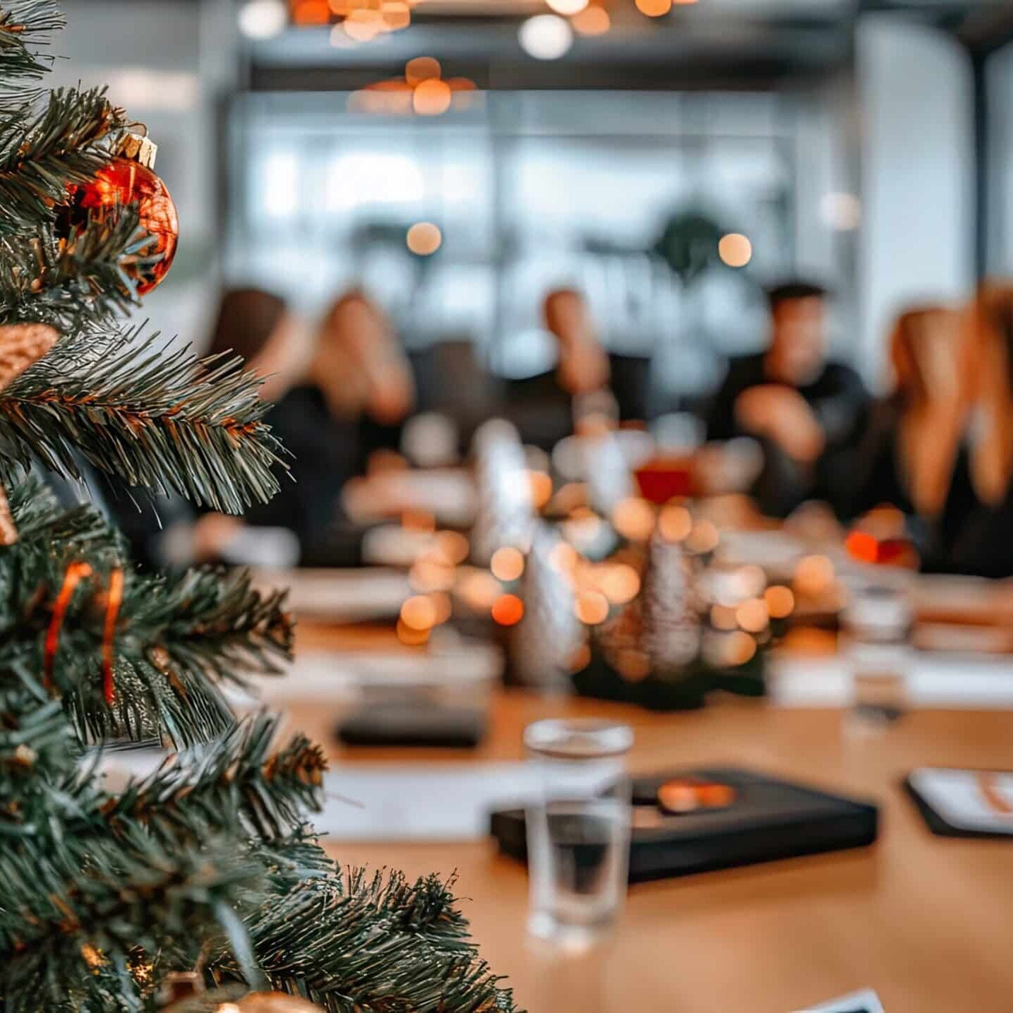 business meeting scene with festive christmas tree